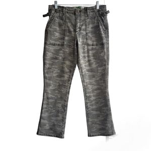 Anthologies Women High Rise stretch cropped flare Utility Pants Green Camo 28